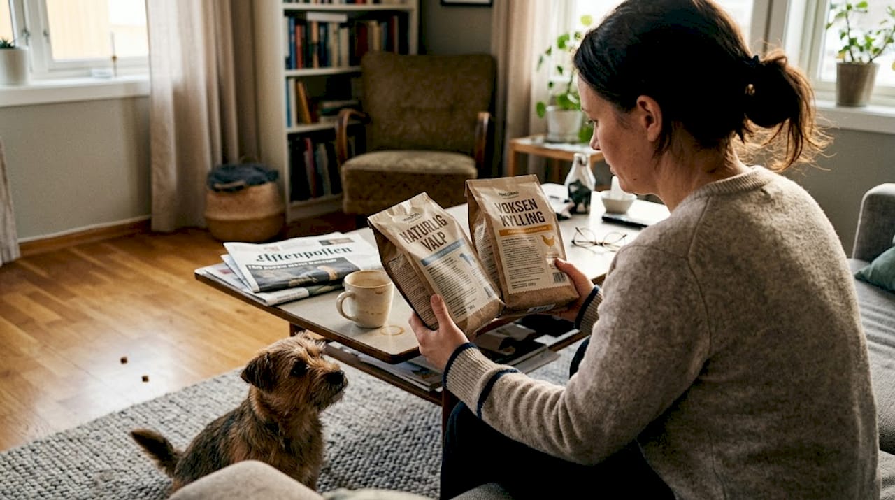 Hundeeier ser på forskjellige alternativer for hundemat