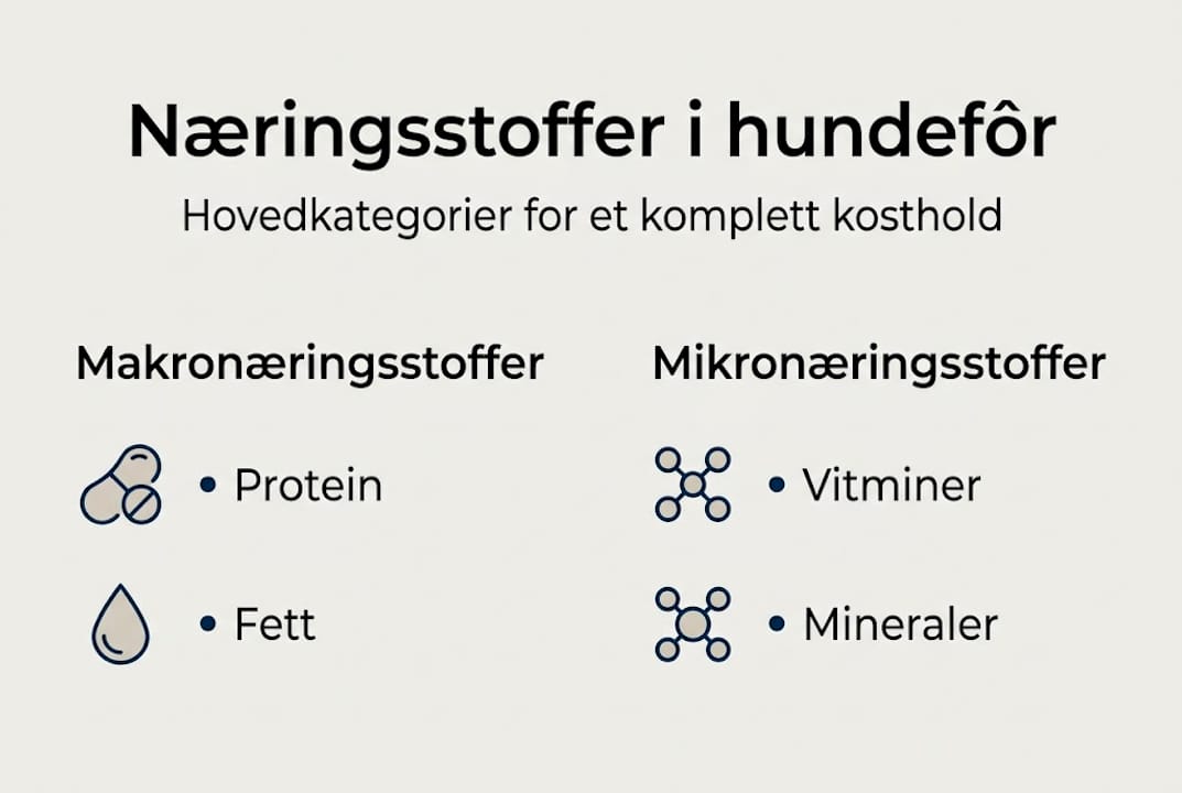Infografikk som gir en oversikt over de viktigste næringsstoffene i hundemat