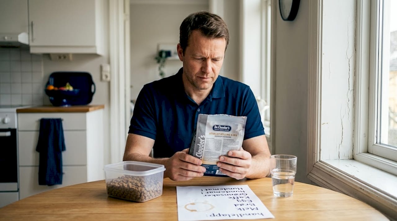 En mann sjekker kvaliteten på hundematen hjemme ved kjøkkenbordet.