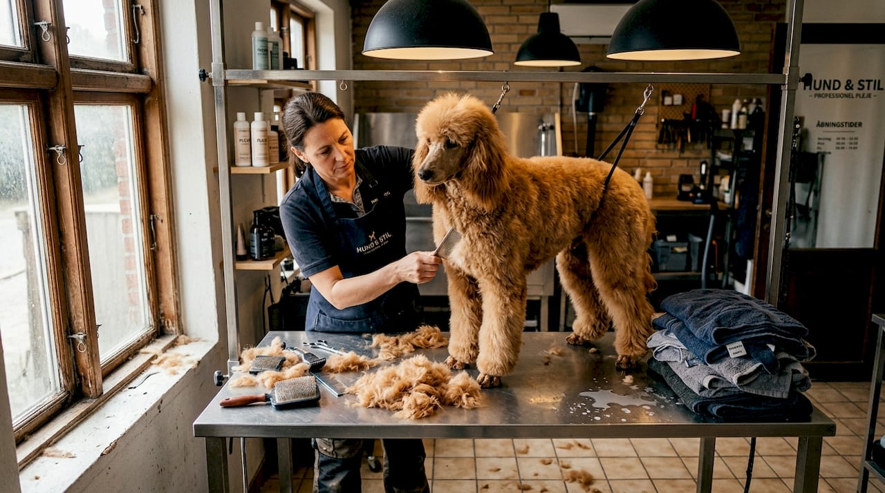 Hund får ordnet sin filtrede pels hos dyrlægen