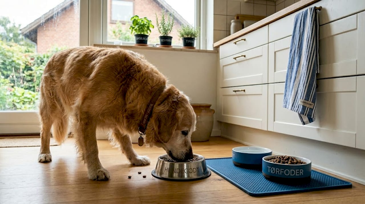 En hund nyder sin sunde mad ved køkkenbordet.