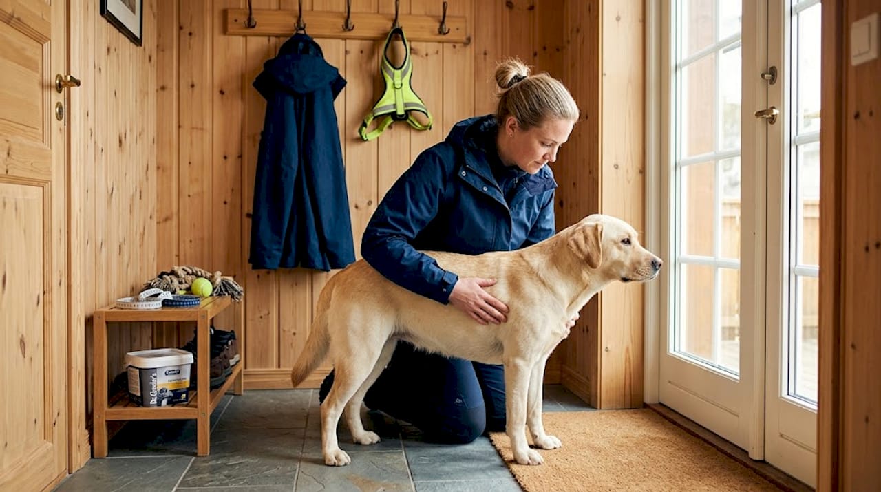 Eier vurderer labradorens kroppstilstand mens hunden er i bevegelse.