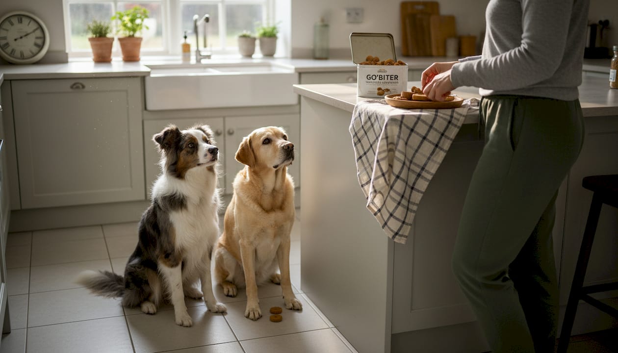 En border collie og en labrador sidder spændt og venter på lidt lækkert.