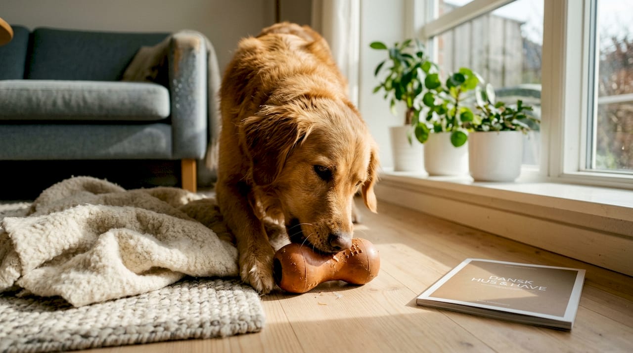 Hunden hygger sig med bæredygtigt legetøj lavet af naturlige materialer i stuen.