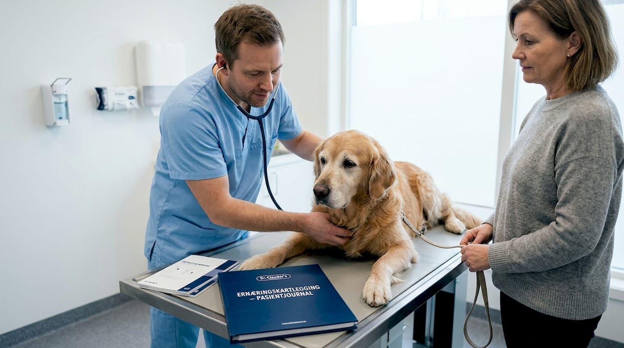 Under en rutinemessig helsesjekk undersøker veterinæren hunden grundig, blant annet ved å lytte til hjertet og lungene.
