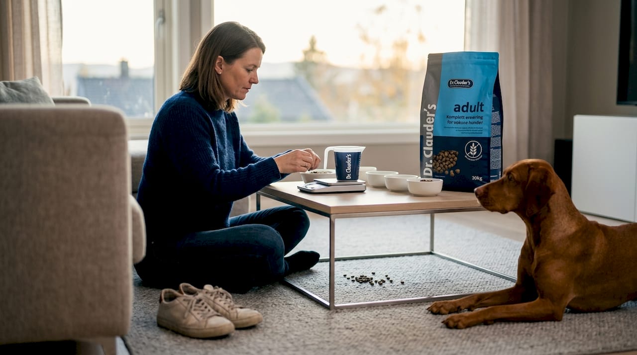 Hunden sitter tålmodig og venter mens matmor/matfar gjør klar maten.