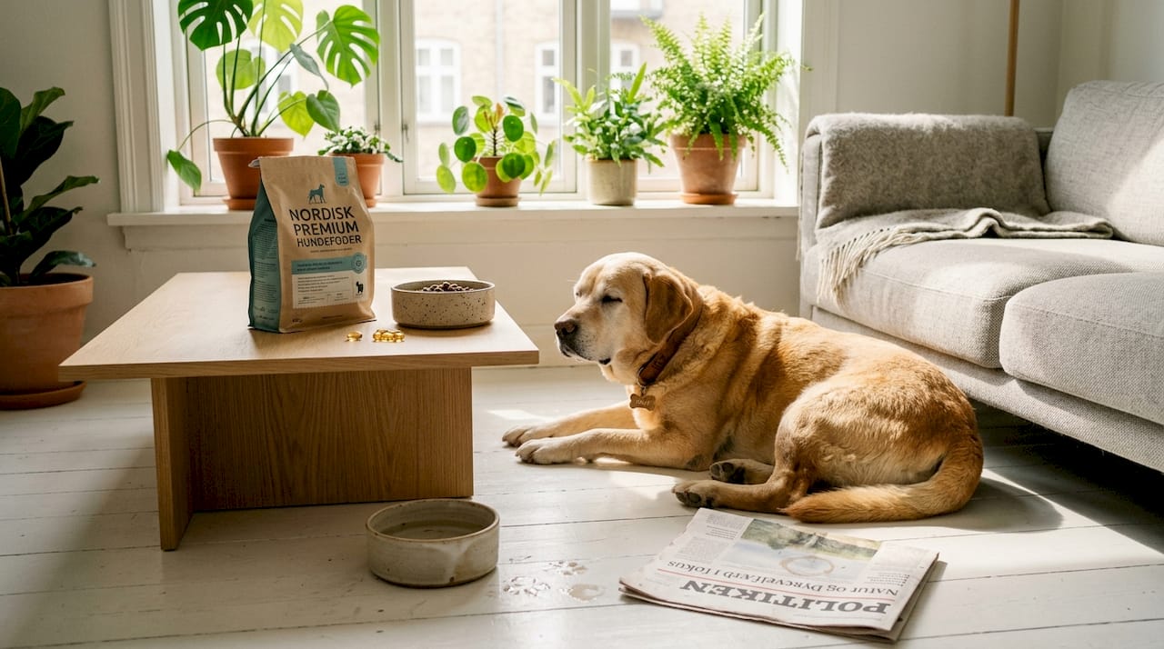 En labrador ligger afslappet ved siden af en pose kvalitetsfoder og Omega-3 kosttilskud.