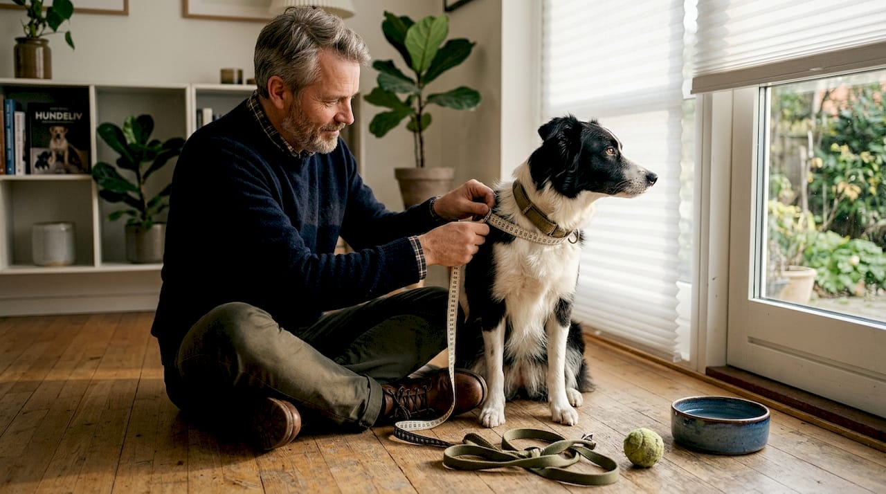 Ejeren måler hundens hals med et blødt målebånd.