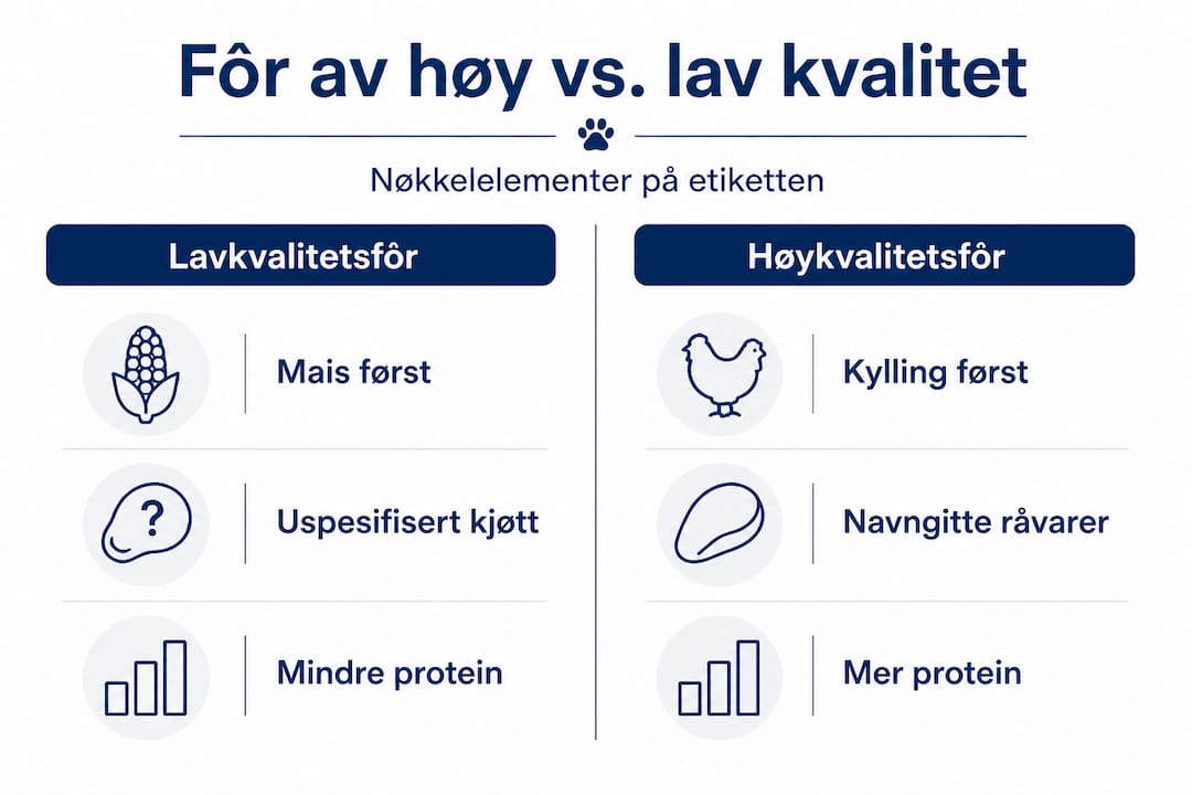 Infografikken viser forskjellene mellom hundefôr av god og dårlig kvalitet.