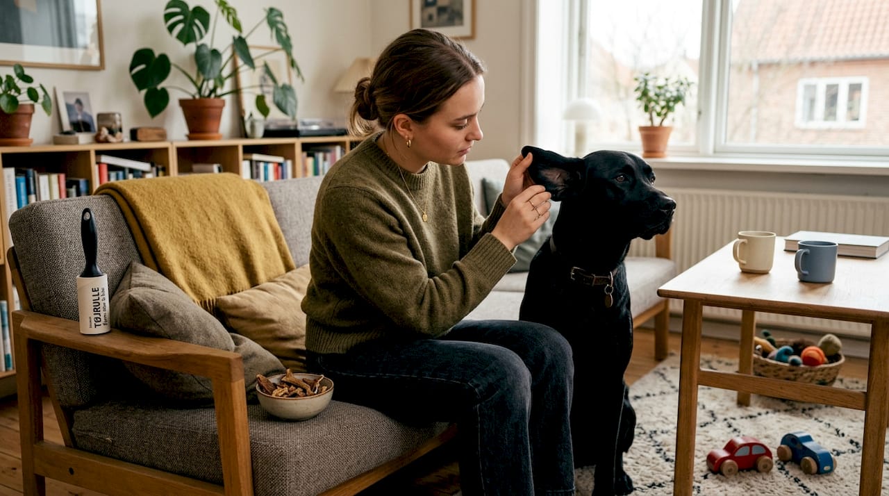 En kvinde kigger sin labradors ører igennem i stuen