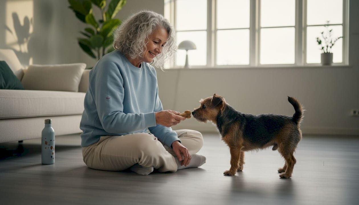 En kvinde forkæler sin terrier med et solidt tyggeben derhjemme