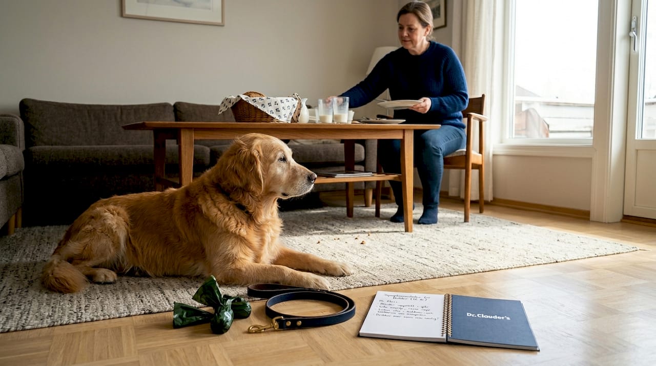 En hund med god fordøyelse i trygge, hjemlige omgivelser