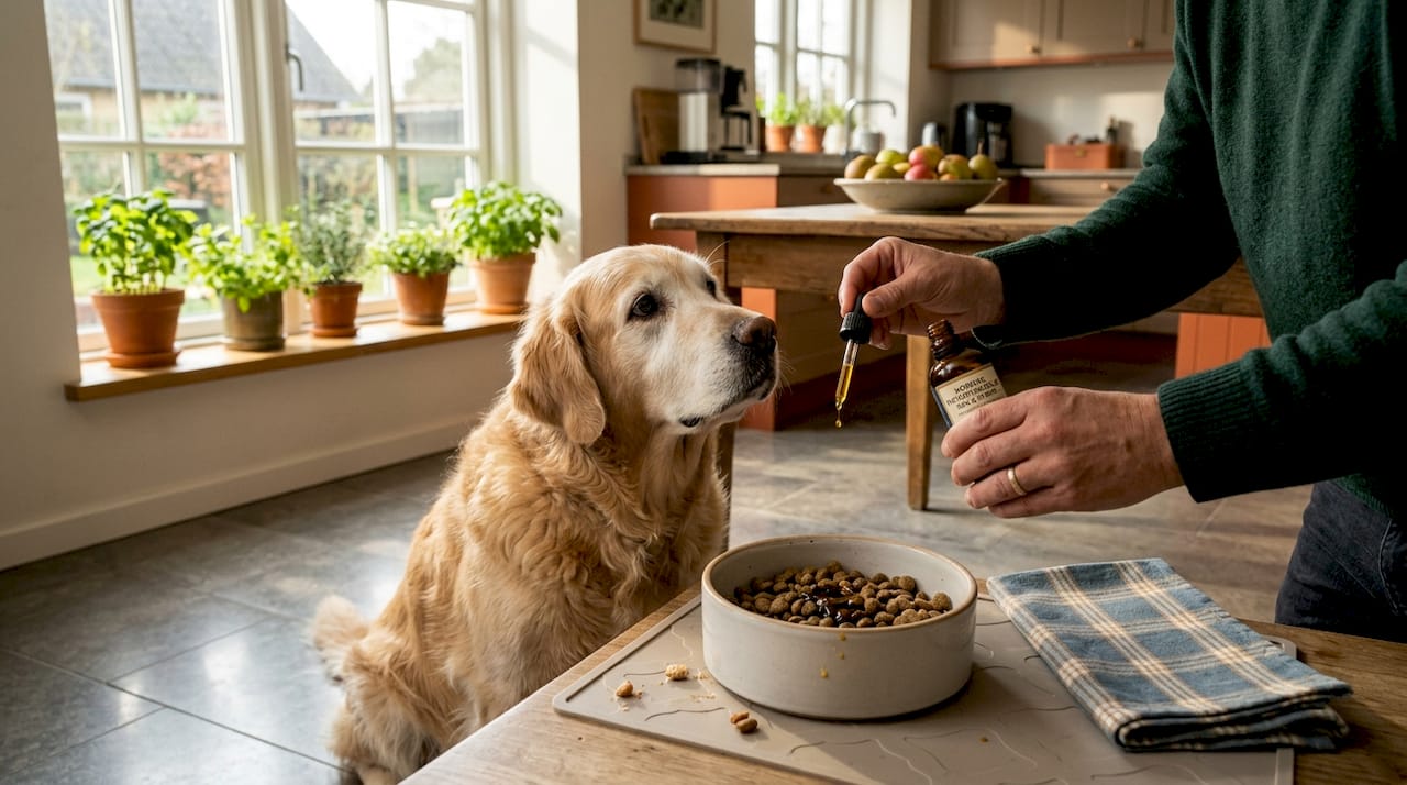 Vores golden retriever får dagligt et tilskud af fiskeolie blandet i maden for at støtte sundheden.
