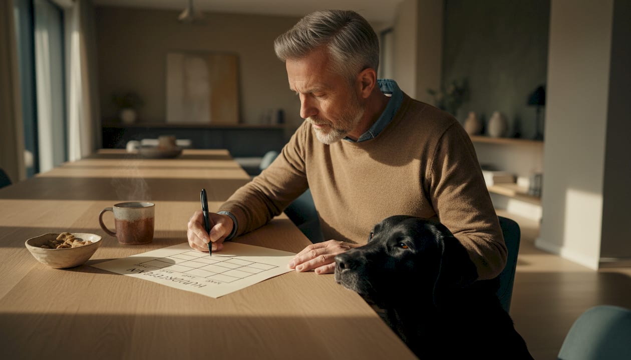 Mand planlægger ugens måltider til sin hund derhjemme