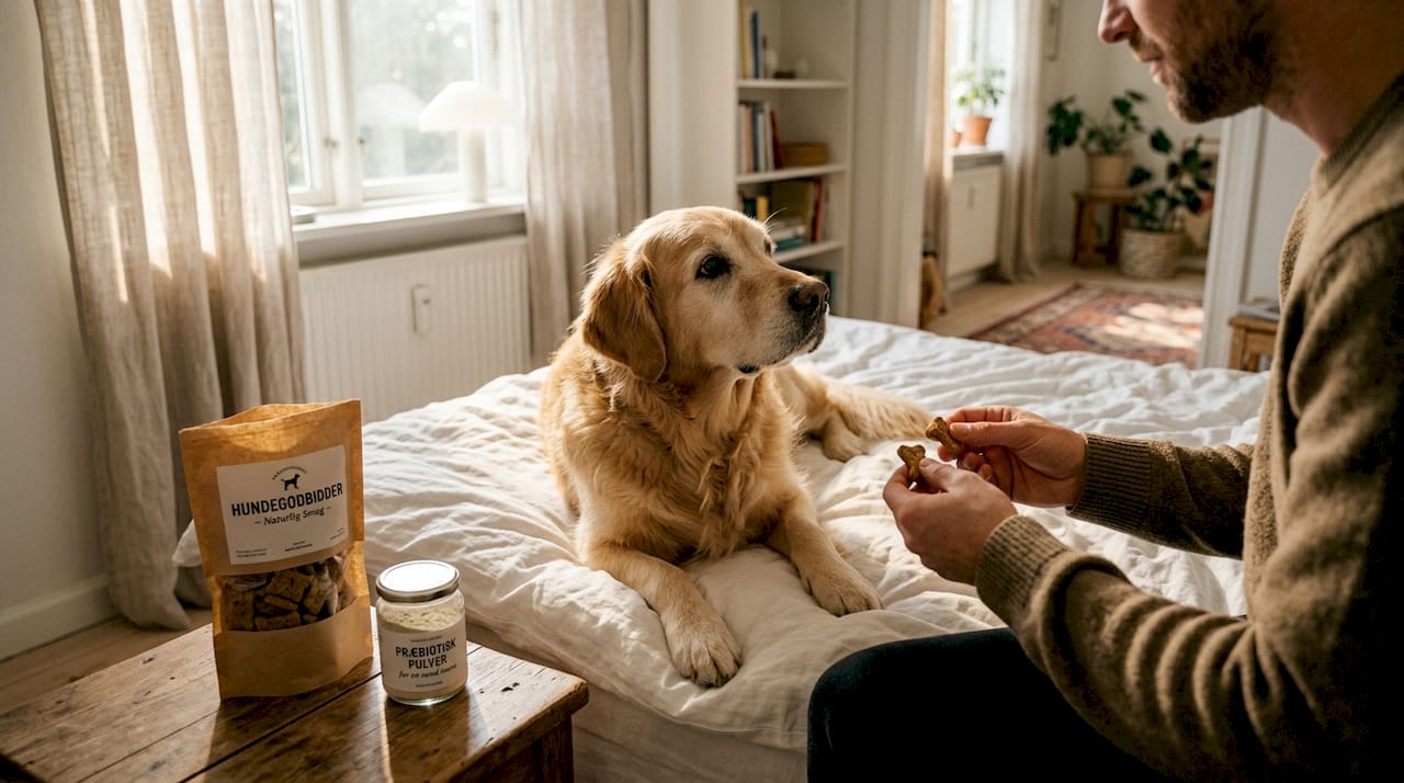 Ejeren forkæler hunden med godbidder, der er skånsomme for maven.