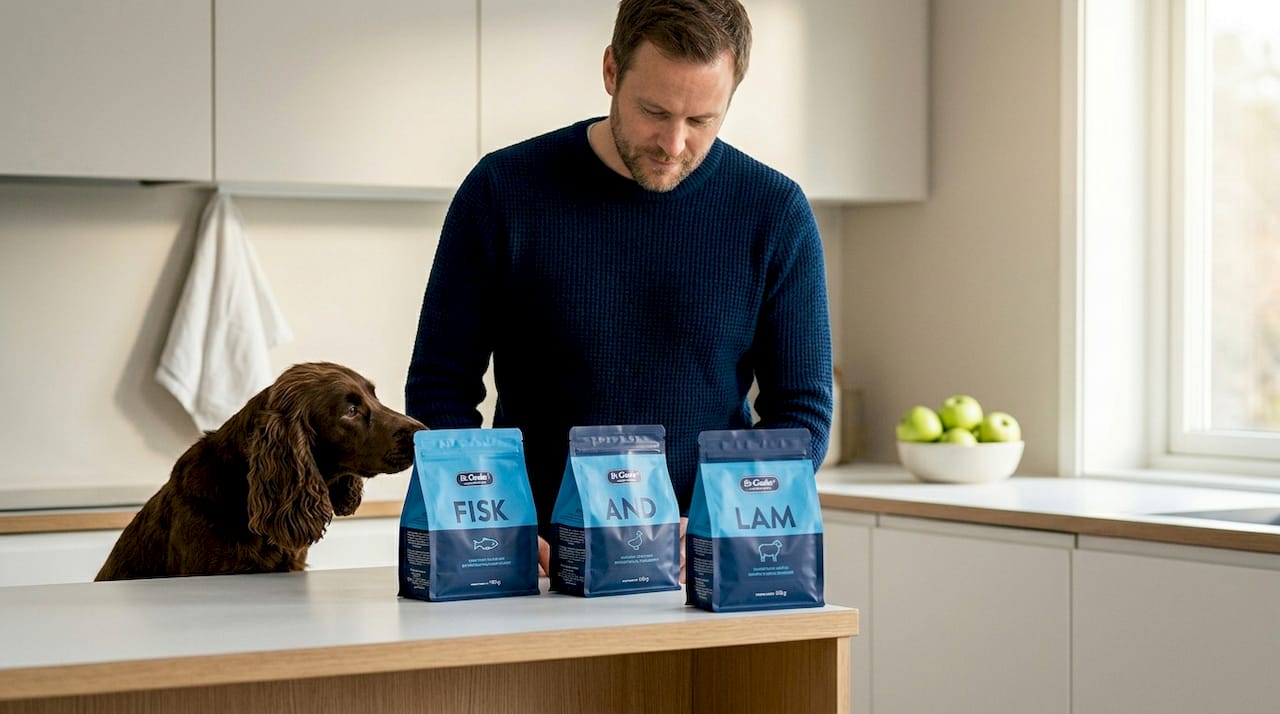 Hundeeier ser på ulike alternativer for allergivennlig hundemat