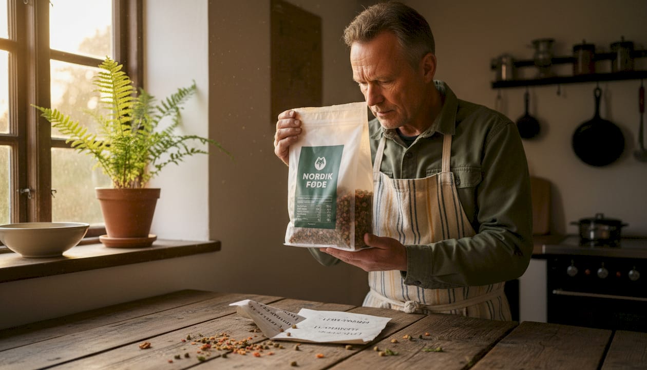 Hundeejer kigger på ingredienserne i hundemaden