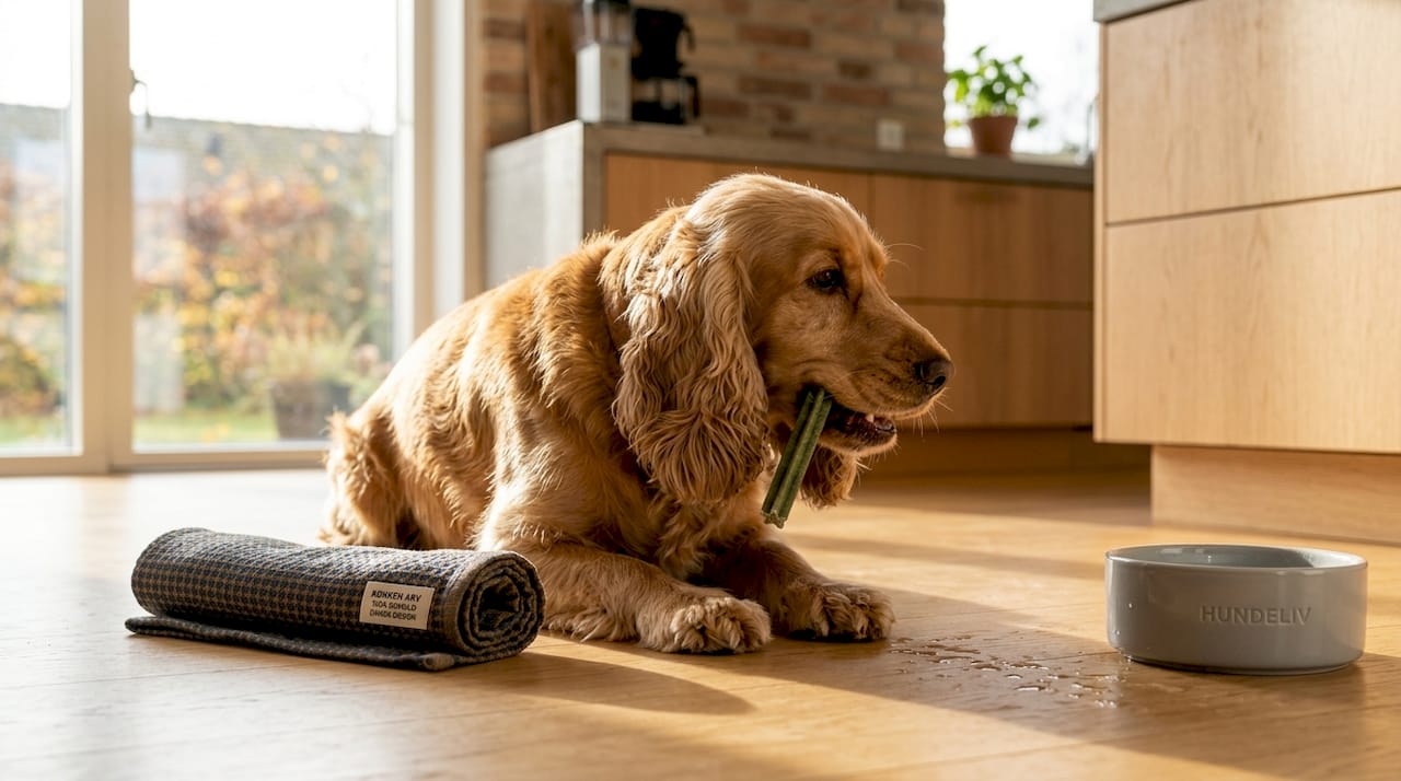 Hunden ligger og gnasker på en tandrensende snack midt på køkkengulvet.