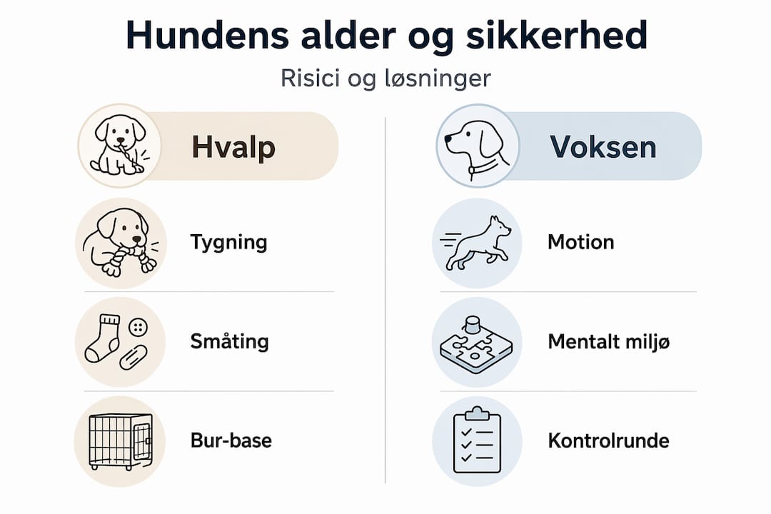 En infografik viser forskellene på, hvordan man bedst passer på hvalpe og voksne hunde.