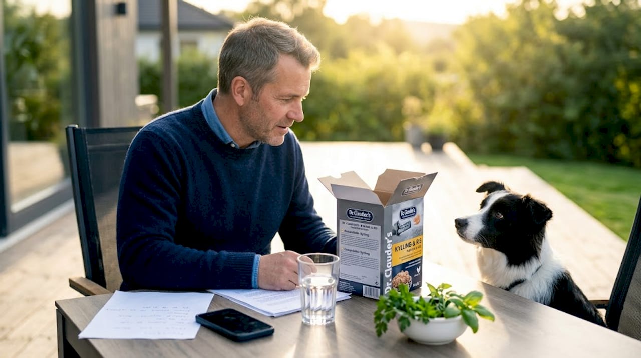 Hund og eier sjekker innholdet i hundematen sammen