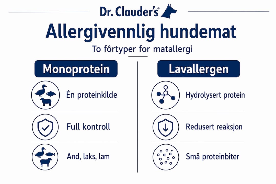 Slik viser infografikken forskjellen på monoprotein og hypoallergen hundemat