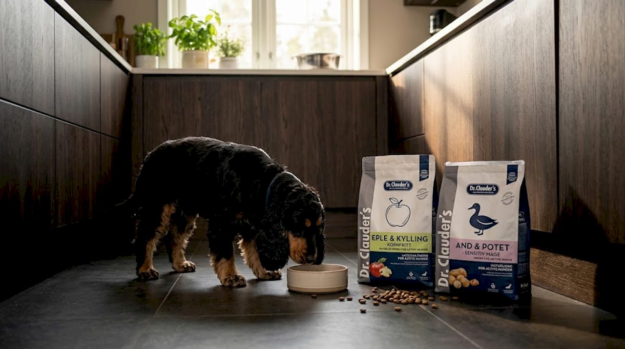 Hund snuser nysgjerrig på matskålen og lurer på om allergifôret faller i smak.