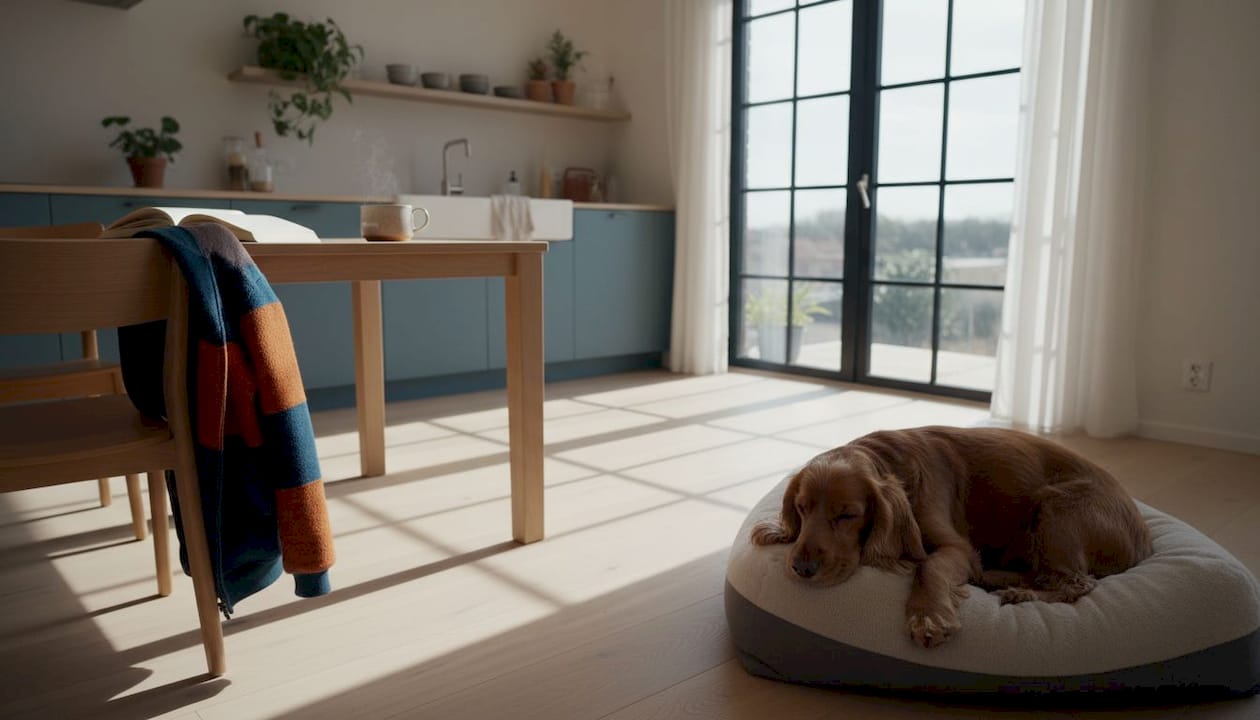 En hund ligger og slapper af alene i en typisk dansk stue.