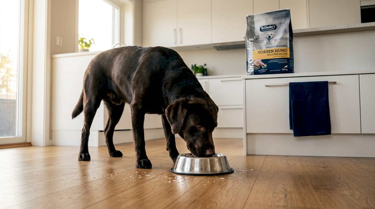 Hunden får spesialfôr anbefalt av veterinæren hjemme