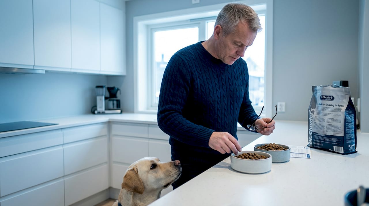 En mann står på kjøkkenet og sammenligner ulike typer hundemat i lune omgivelser.