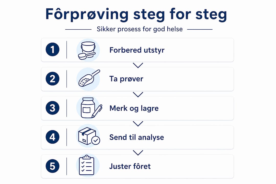 Illustrasjon som viser trinn-for-trinn hvordan du går frem for å teste fôret.