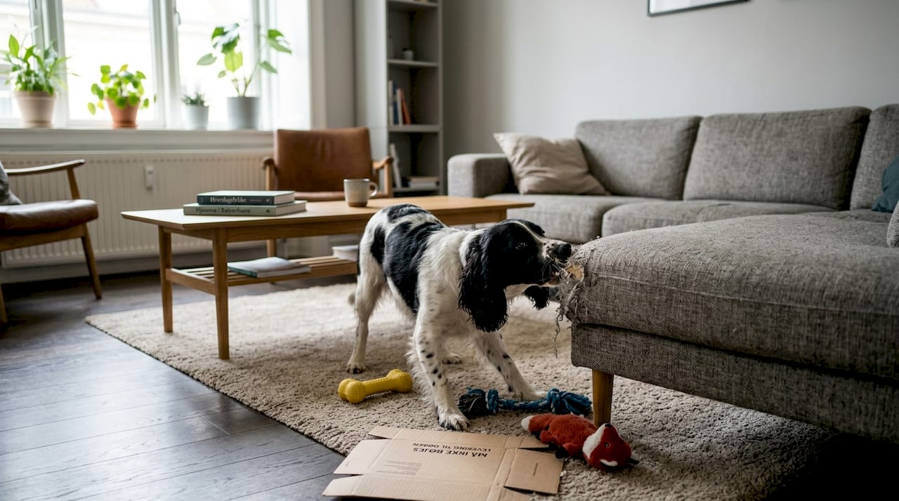 Hunden sidder alene i stuen og gnaver i sofaen.