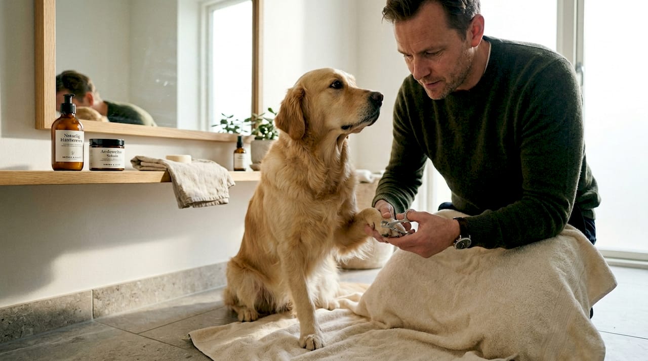 En mand sidder og klipper hundens negle med rolig hånd, så hunden føler sig tryg.