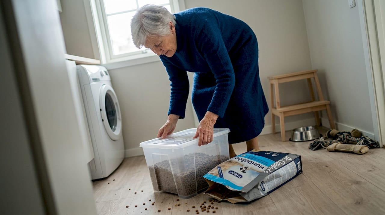 En eldre dame sørger for å oppbevare tørrfôr i lufttette bokser.