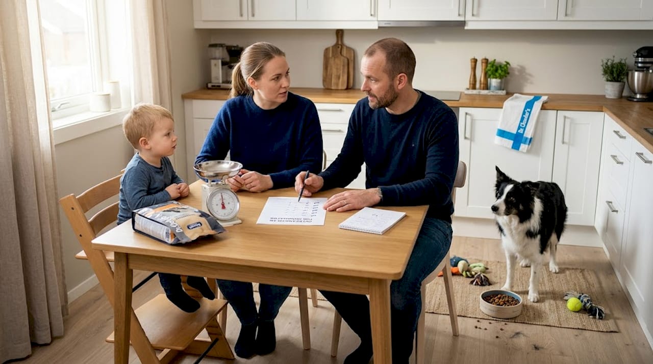 Familien har bestemt seg for å bytte fôr, og tar det steg for steg for å sikre at det går bra.