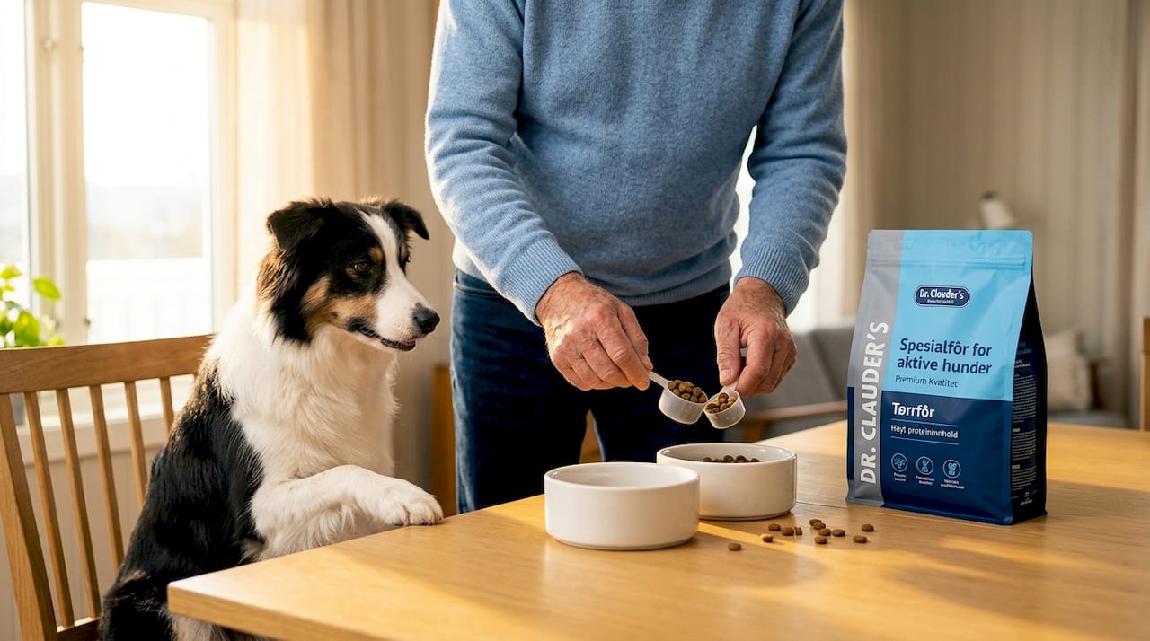 En mann porsjonerer ut spesialmat til hunden sin.