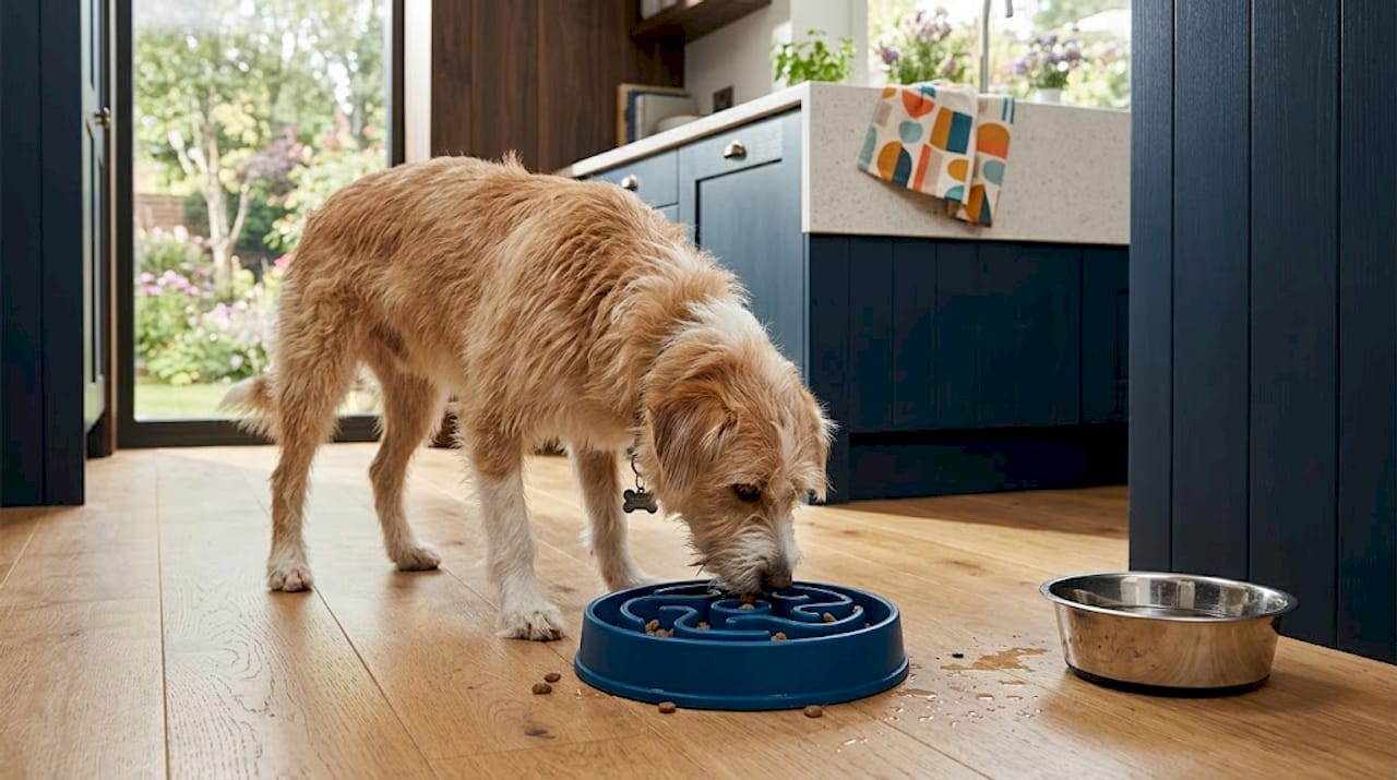 Hunden spiser maten sin fra en matskål som er laget for å bremse spisingen.
