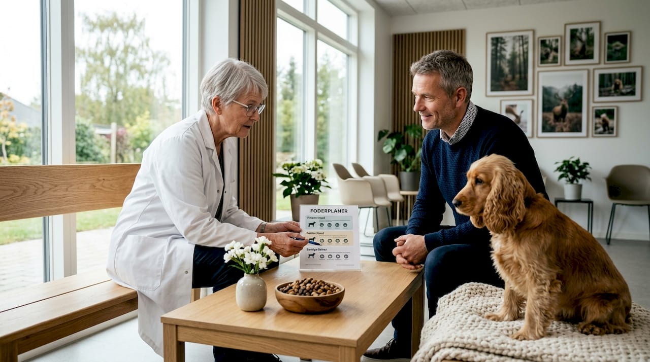 Dyrlægen giver gode råd til hundeejeren om, hvilket foder der passer bedst til hunden.