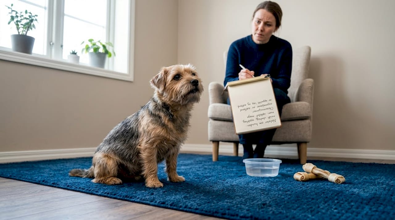 En terrier med oppblåst mage sammen med eieren sin