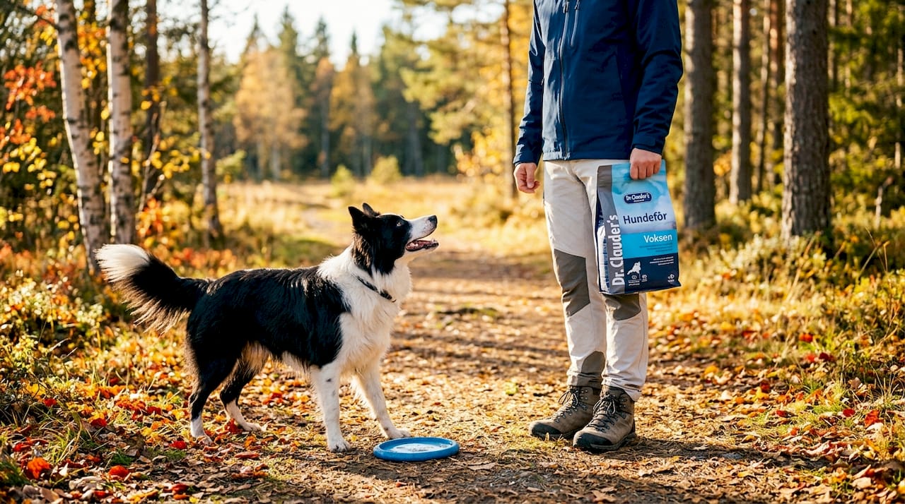En border collie får servert mat mens den rusler langs en norsk skogssti.