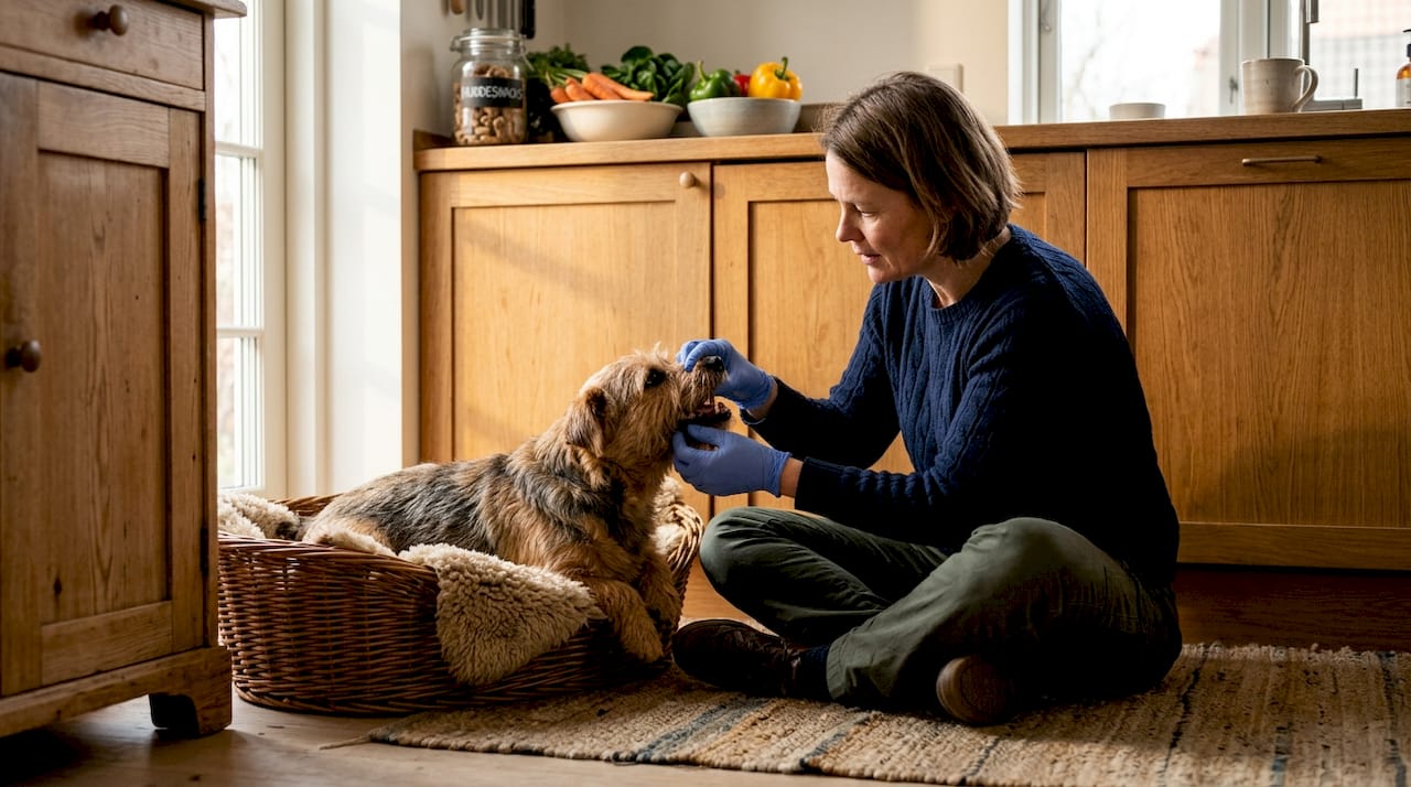 En kvinde sidder på gulvet og tjekker sin hunds mund