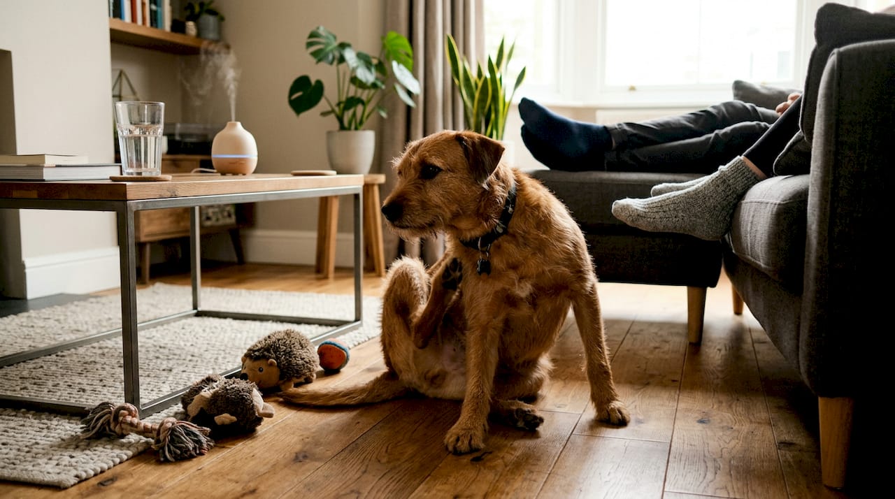En hund sitter i stuen og klør seg på poten.