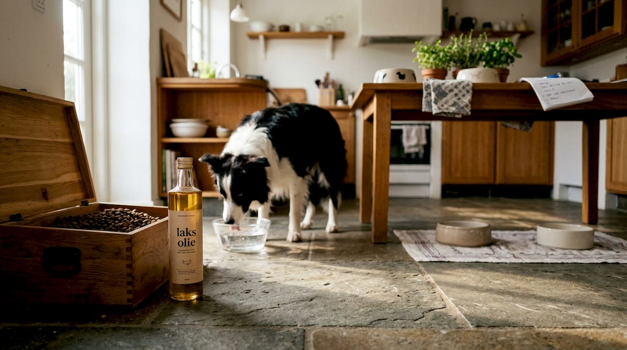 En flaske med lakseolie står på gulvet, mens hunden nysgerrigt snuser til den.