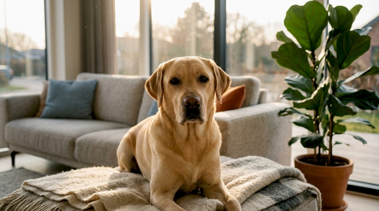 En rolig labrador, der møder dig med et blødt og venligt blik.