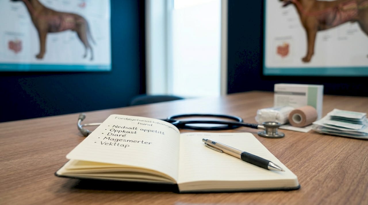 Veterinærbord med notater og utstyr