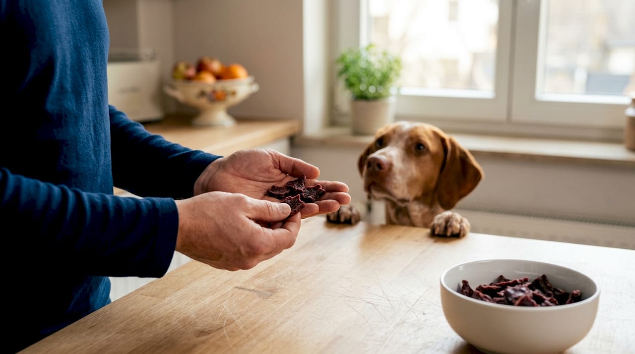 En hund får servert treningsgodbiter laget av viltkjøtt fra en utstrakt hånd.