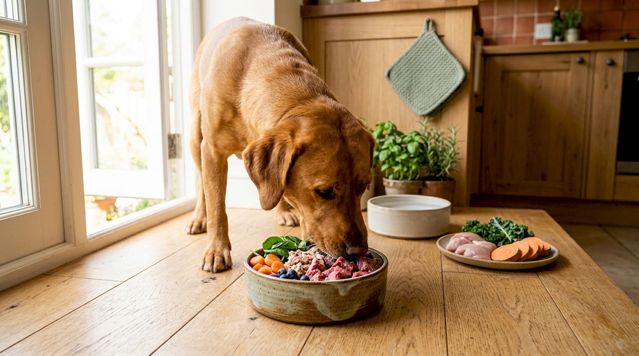 En hund nyder et sundt og afbalanceret råt måltid indendørs.