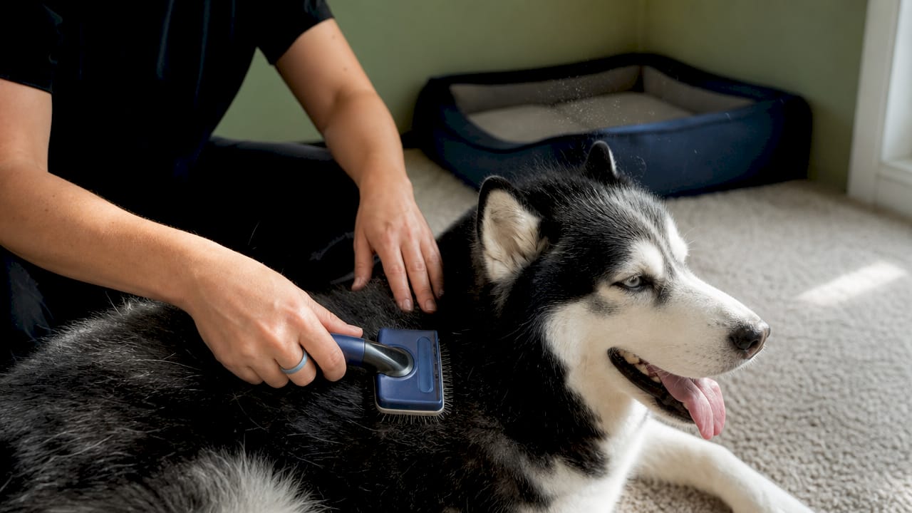 Nærbilde av hvordan man grer pelsen til en hund med en kam.