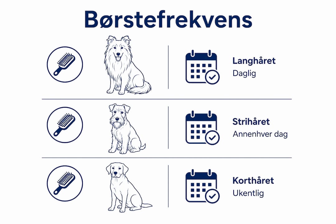 Grafikken gir en oversikt over hvor ofte man bør børste ulike typer pels.