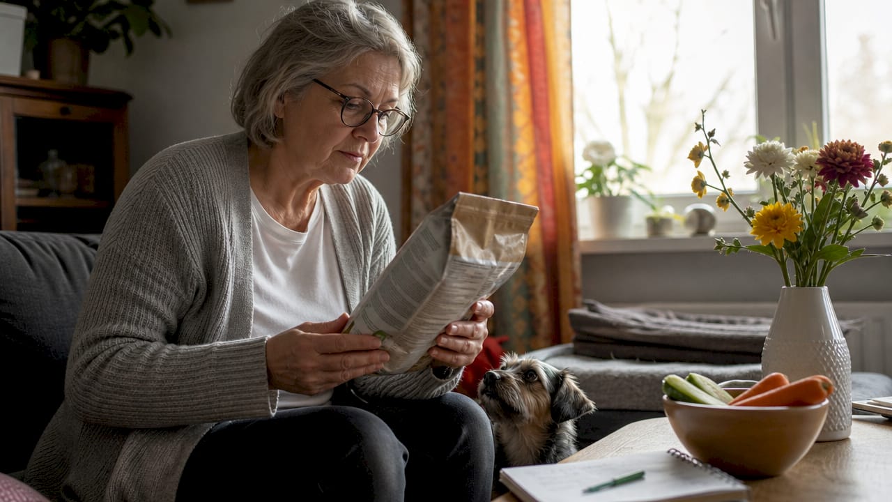 Ældre kvinde står og læser ingredienslisten på en hundemadspakke, mens hendes hund nysgerrigt følger med ved siden af.