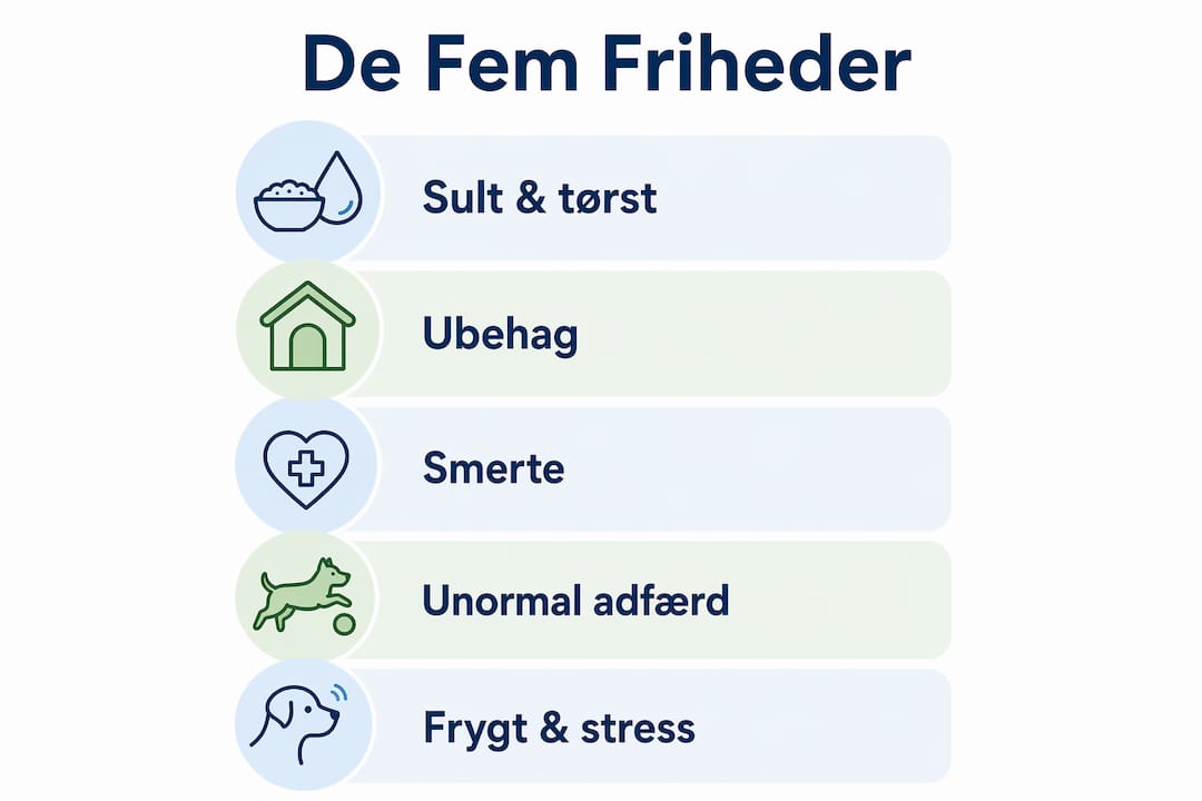 Grafisk oversigt over dyrevelfærdens fem grundlæggende friheder
